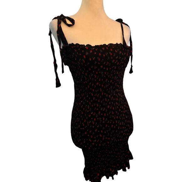 Free People Bella Black Floral Print Smocked Tie Strap Bodycon Mini Dress, Small - Picture 3 of 5